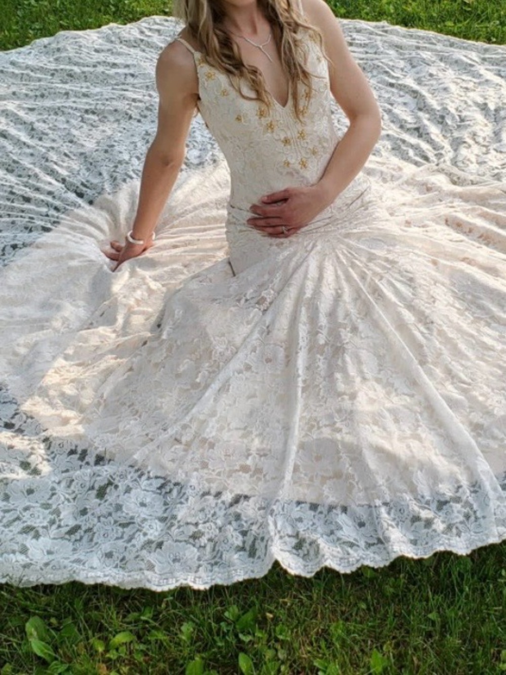 Ivory Lace V-Neck Bridal Gown with Subtle Gold Embroidery